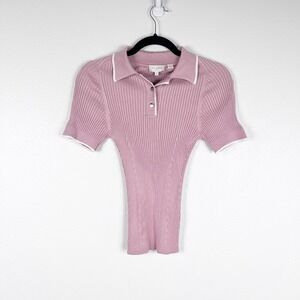 Ted Baker Women's Short Sleeve Ribbed Fitted Sweater Polo Pink Sz 0 (US 2)